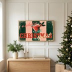 Christmas cocktail typography TV art above an oak sideboard next to a decorated Christmas tree