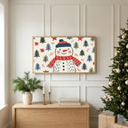 Snowman TV art above an oak sideboard next to a decorated Christmas tree