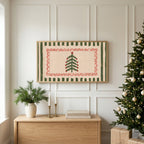 Folk Christmas tree TV art above an oak sideboard next to a decorated Christmas tree