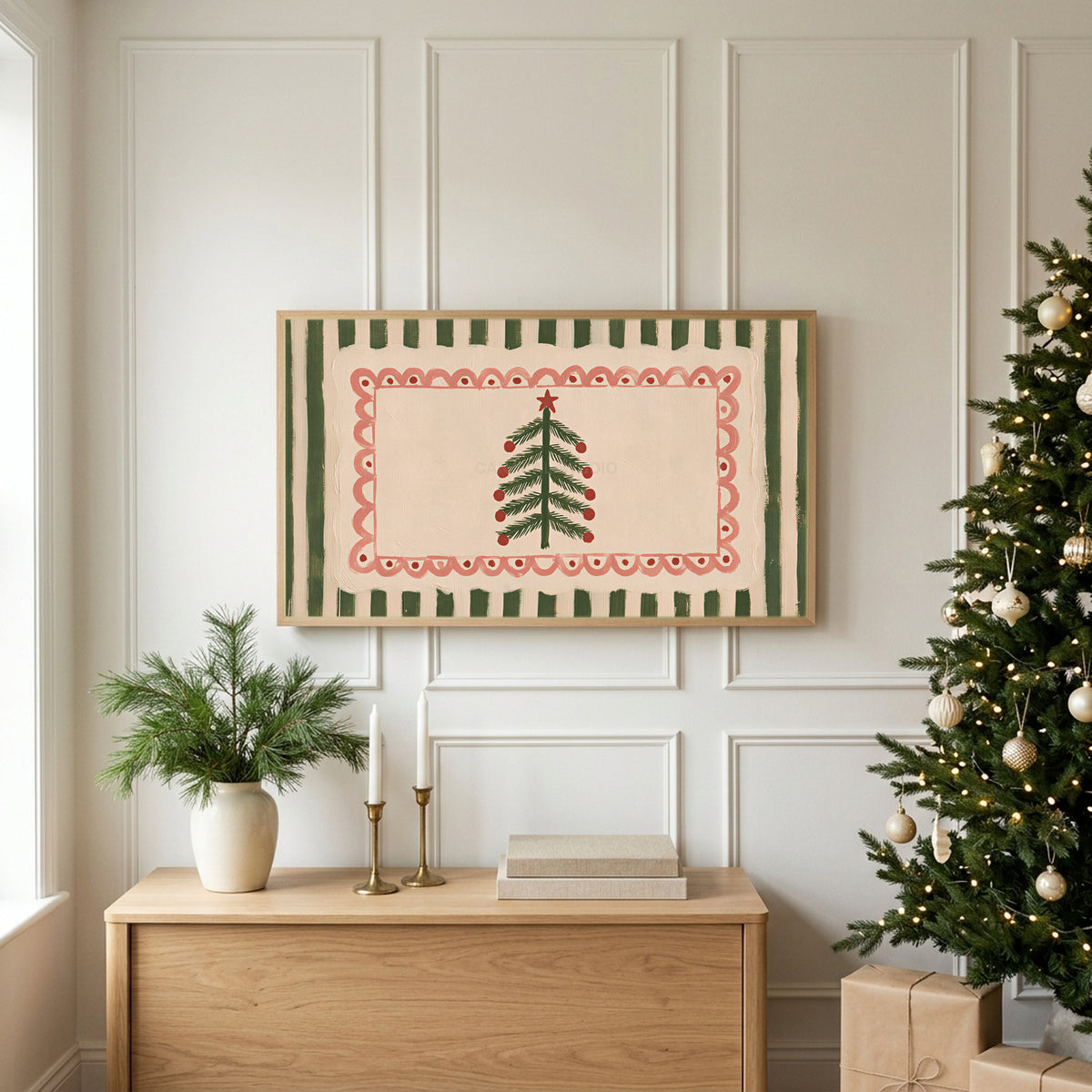 Folk Christmas tree TV art above an oak sideboard next to a decorated Christmas tree
