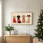 Dogs in holiday sweaters TV art above an oak sideboard next to a decorated Christmas tree