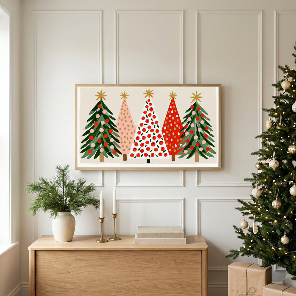 Christmas tree row TV art above an oak sideboard next to a decorated Christmas tree
