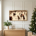 Winter TV art above an oak sideboard next to a decorated Christmas tree
