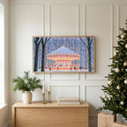 Snowy carousel TV art above an oak sideboard next to a decorated Christmas tree