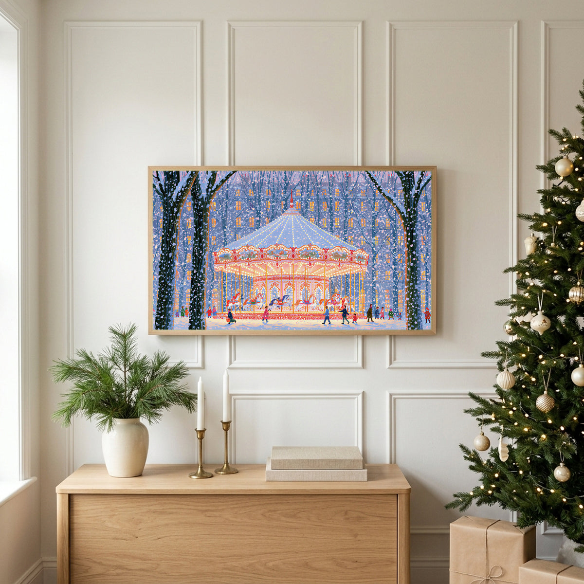 Snowy carousel TV art above an oak sideboard next to a decorated Christmas tree
