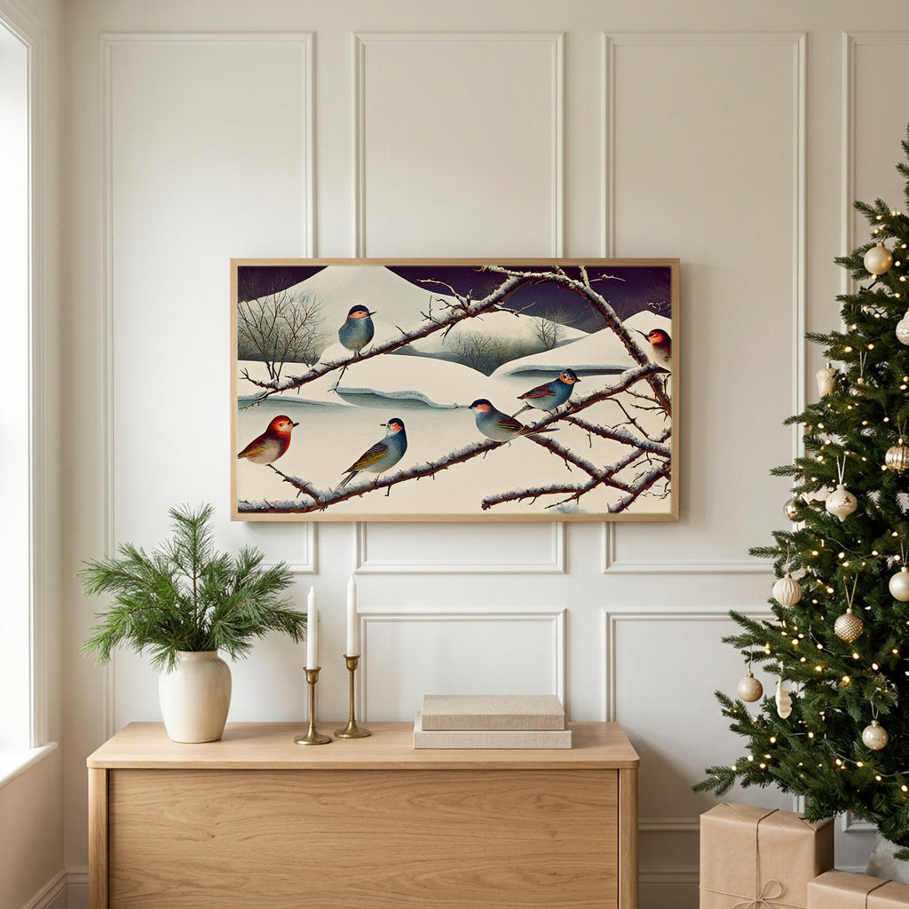 Winter TV art above an oak sideboard next to a decorated Christmas tree