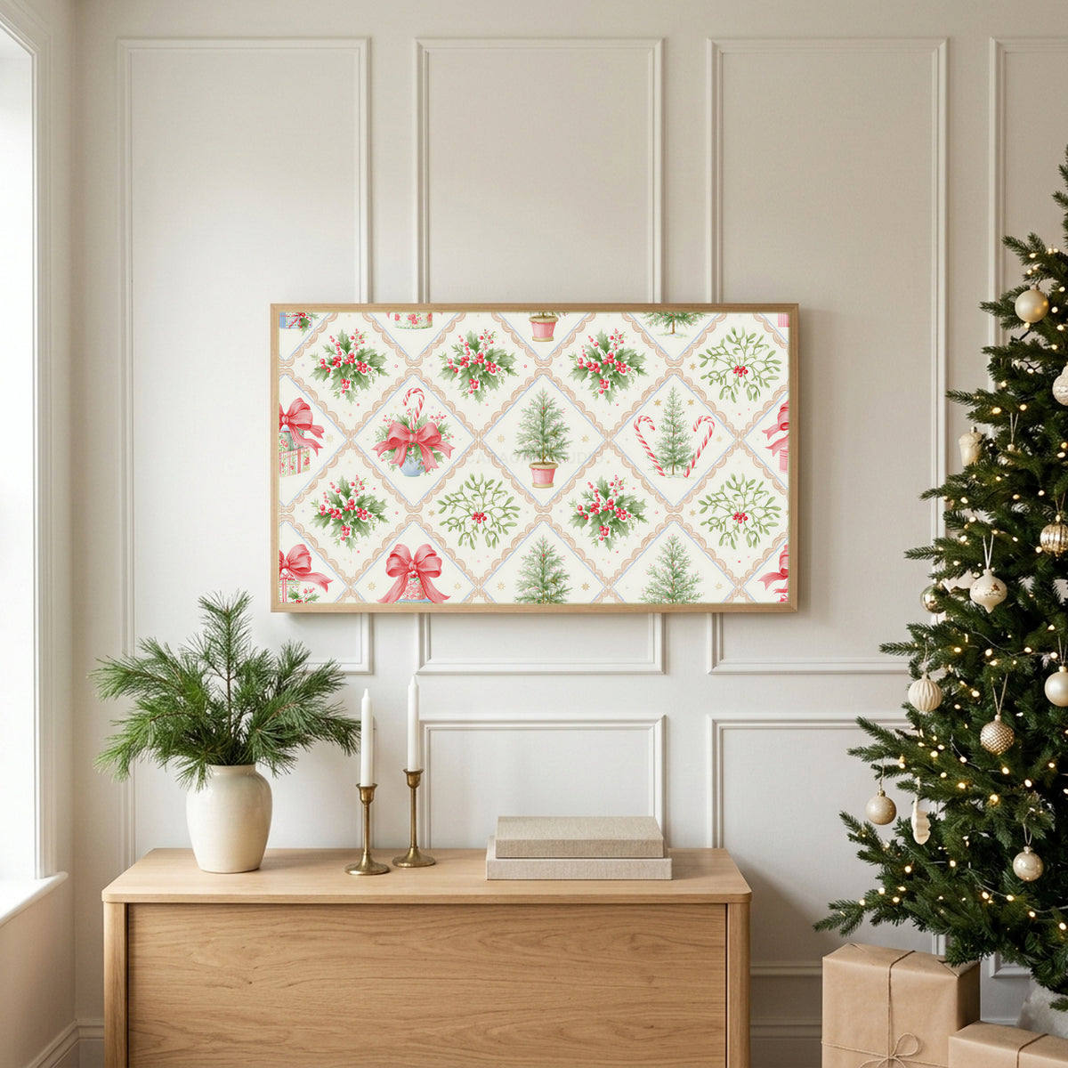 Christmas holly and candy cane pattern TV art above an oak sideboard next to a decorated Christmas tree