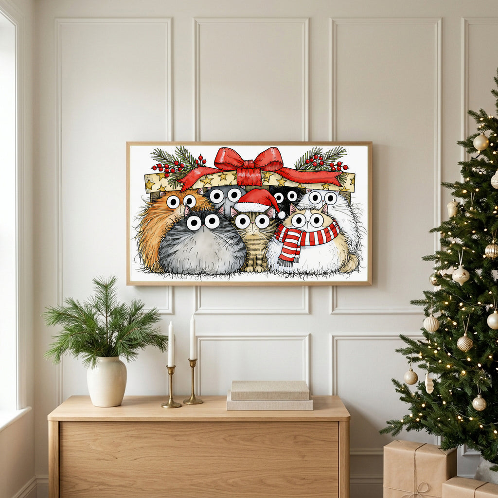 Cats under a gift box TV art above an oak sideboard next to a decorated Christmas tree