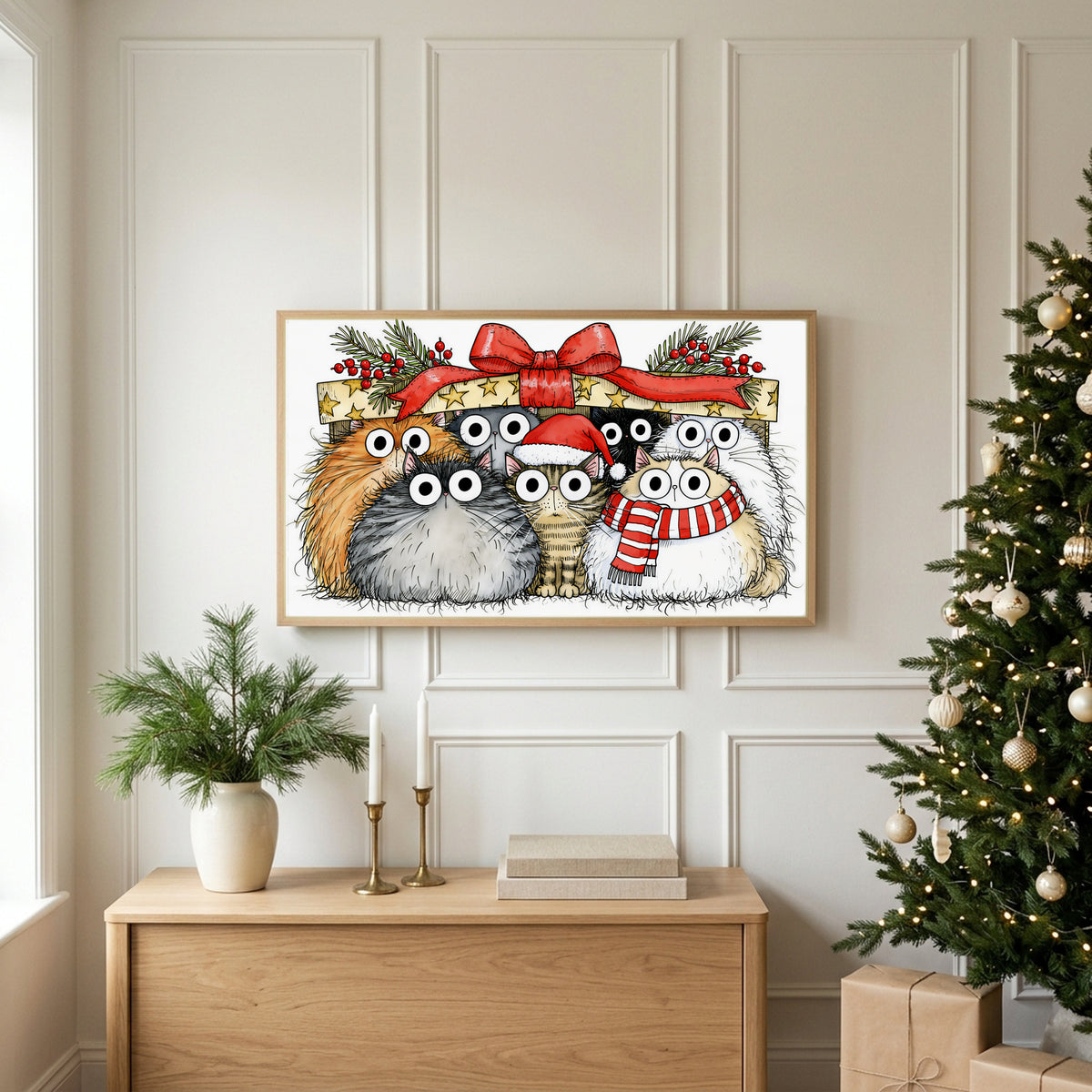 Cats under a gift box TV art above an oak sideboard next to a decorated Christmas tree