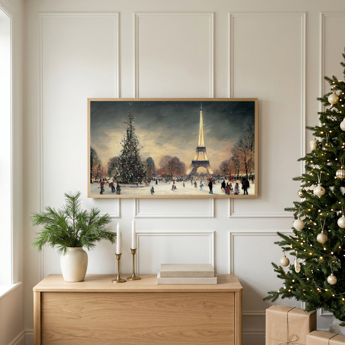 Christmas TV art above an oak sideboard next to a decorated Christmas tree