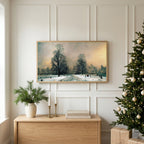 Winter TV art above an oak sideboard next to a decorated Christmas tree