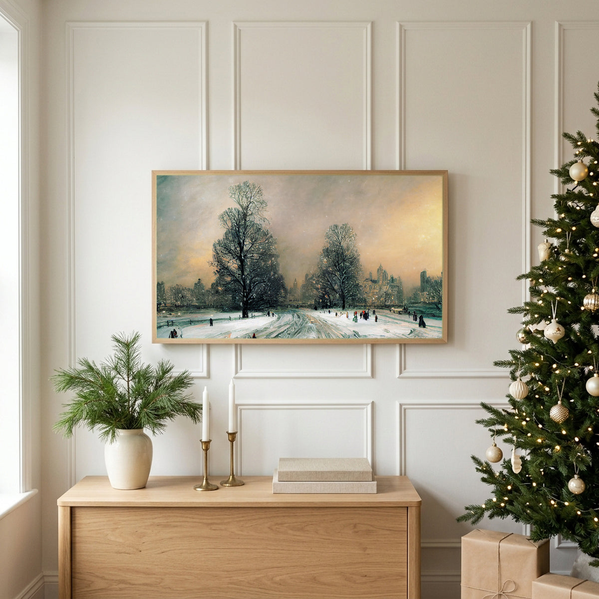 Winter TV art above an oak sideboard next to a decorated Christmas tree