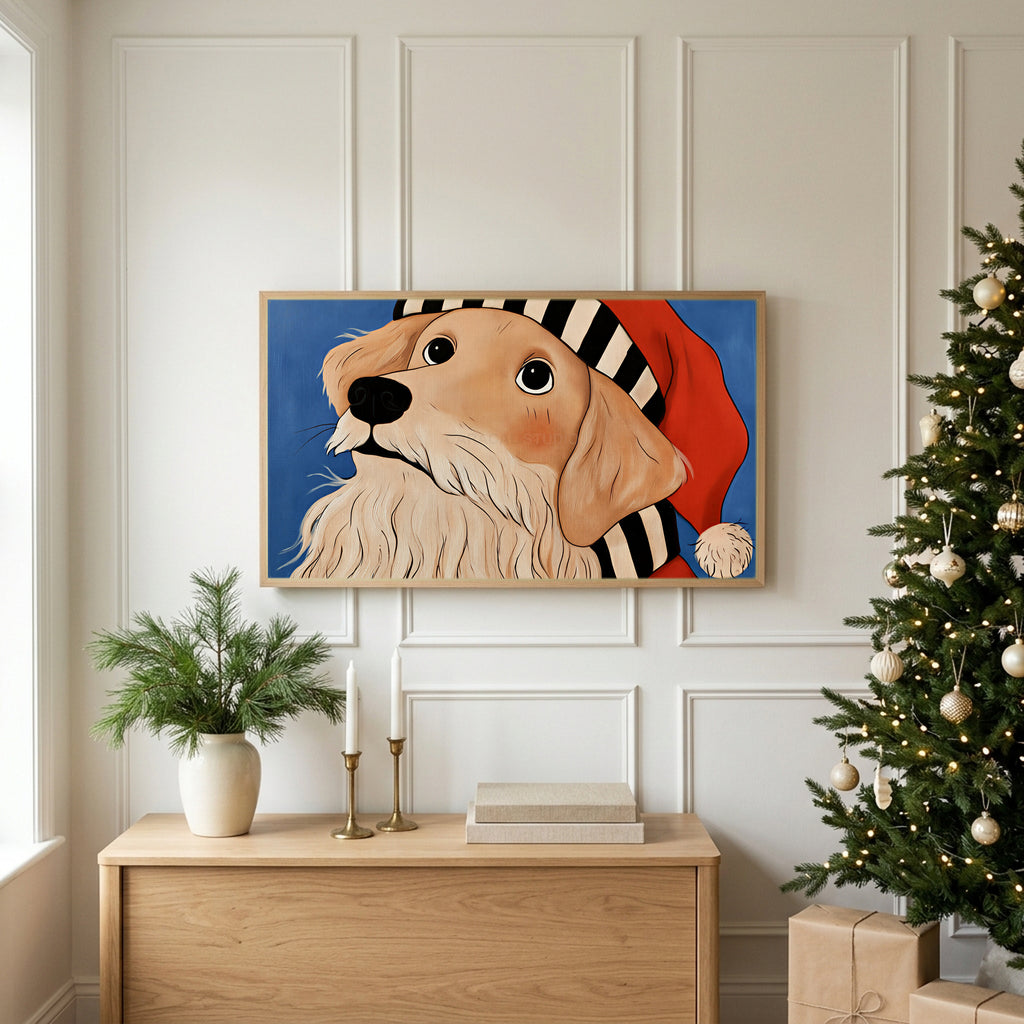 Golden retriever in a Santa hat TV art above an oak sideboard next to a decorated Christmas tree
