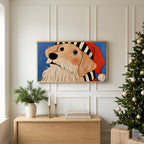 Golden retriever in a Santa hat TV art above an oak sideboard next to a decorated Christmas tree