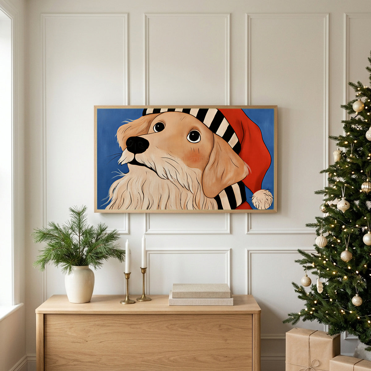 Golden retriever in a Santa hat TV art above an oak sideboard next to a decorated Christmas tree