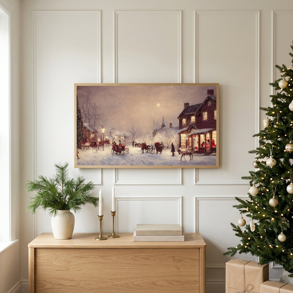 Christmas TV art above an oak sideboard next to a decorated Christmas tree