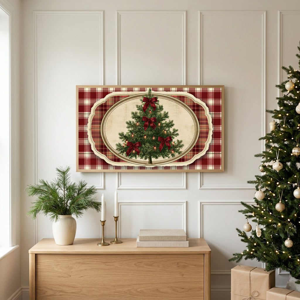 Vintage tree on plaid TV art above an oak sideboard next to a decorated Christmas tree