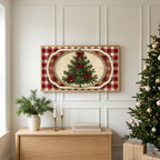 Vintage tree on plaid TV art above an oak sideboard next to a decorated Christmas tree