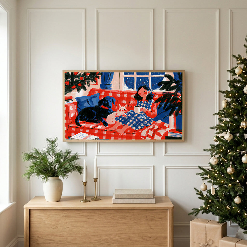 Christmas TV art above an oak sideboard next to a decorated Christmas tree