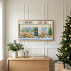Paris flower shop Christmas TV art above an oak sideboard next to a decorated Christmas tree