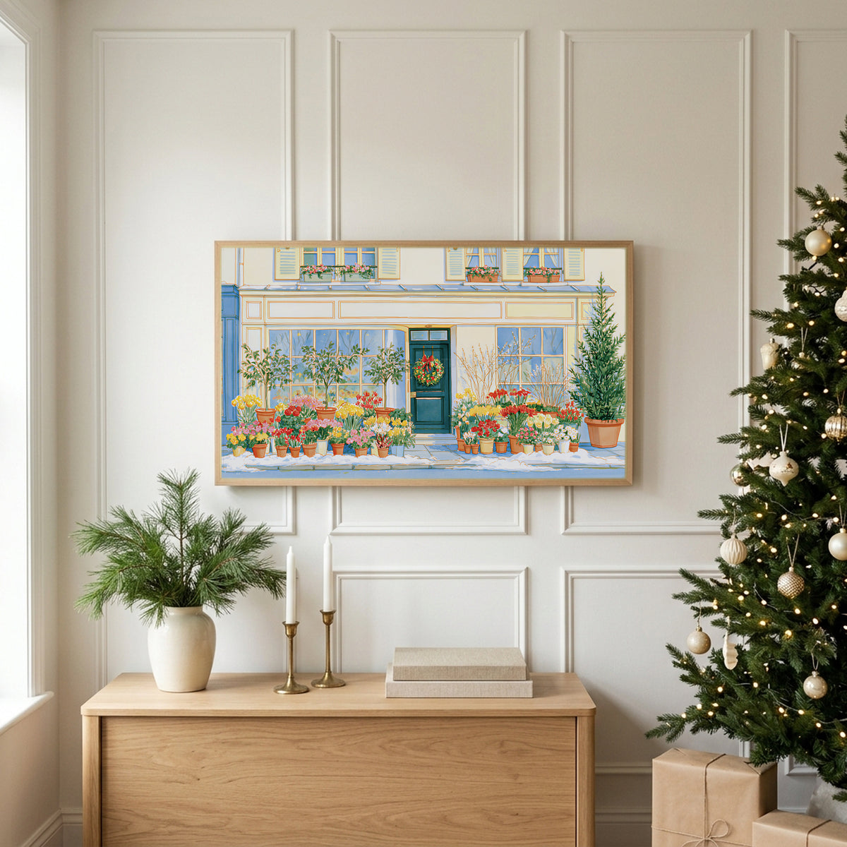 Paris flower shop Christmas TV art above an oak sideboard next to a decorated Christmas tree