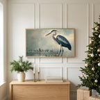 Winter TV art above an oak sideboard next to a decorated Christmas tree