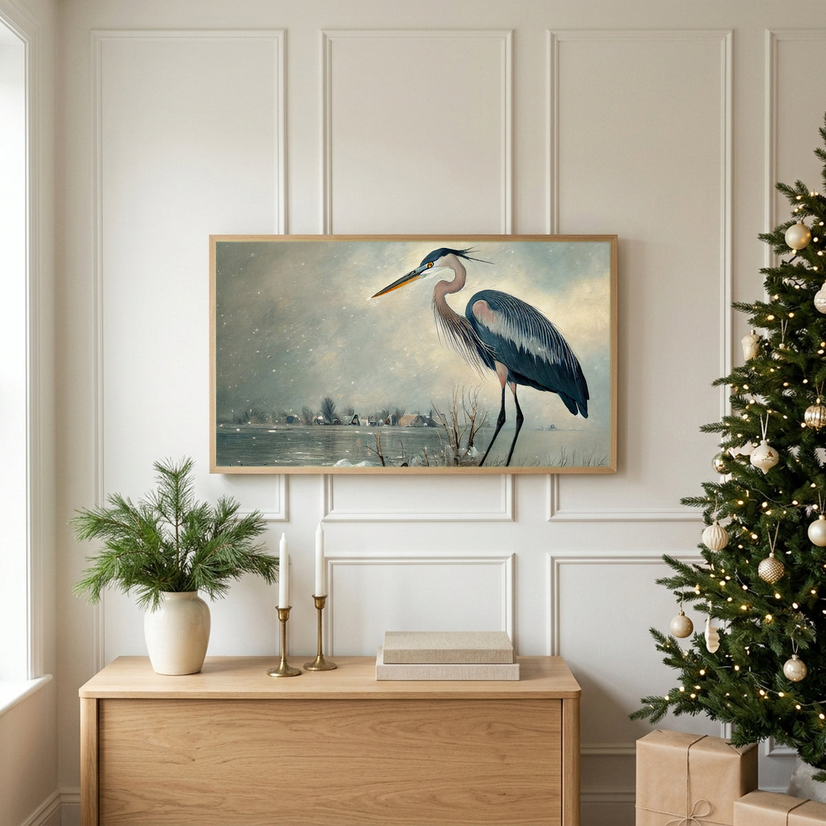Winter TV art above an oak sideboard next to a decorated Christmas tree