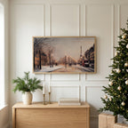 Christmas TV art above an oak sideboard next to a decorated Christmas tree