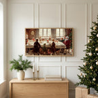 Christmas TV art above an oak sideboard next to a decorated Christmas tree
