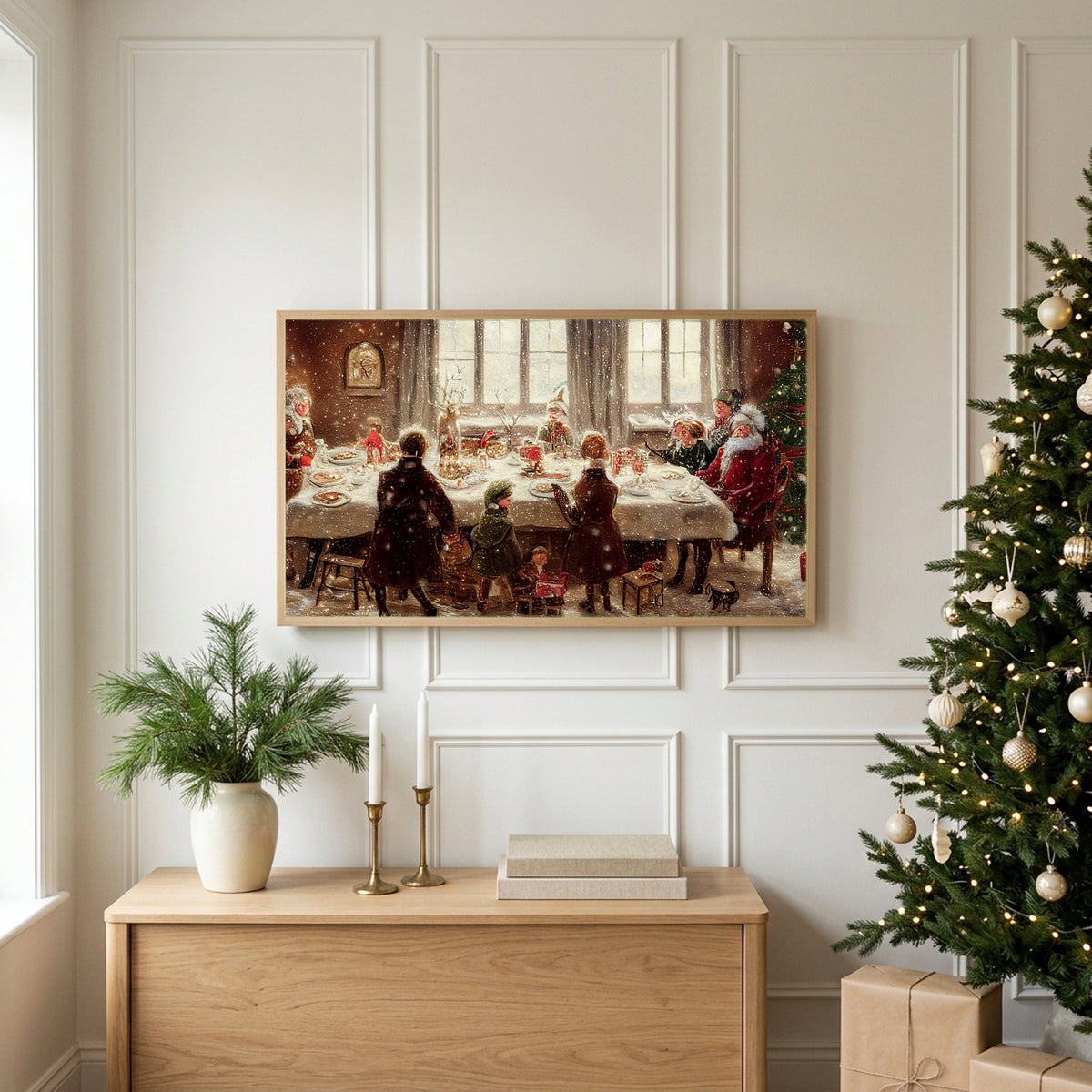 Christmas TV art above an oak sideboard next to a decorated Christmas tree