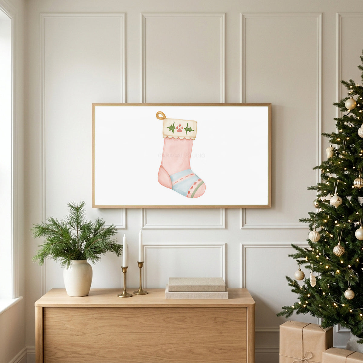 Cat stocking TV art above an oak sideboard next to a decorated Christmas tree