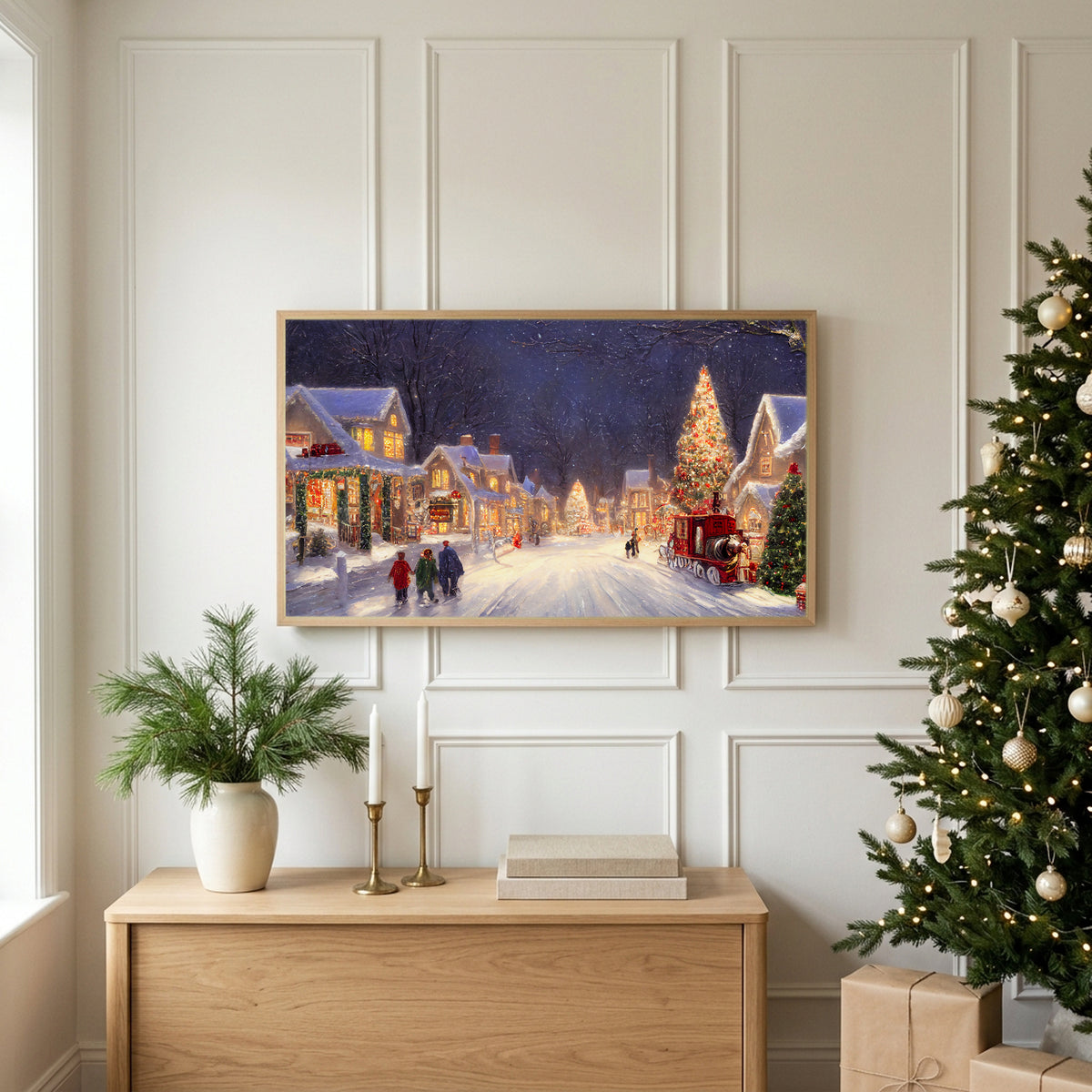 Christmas TV art above an oak sideboard next to a decorated Christmas tree