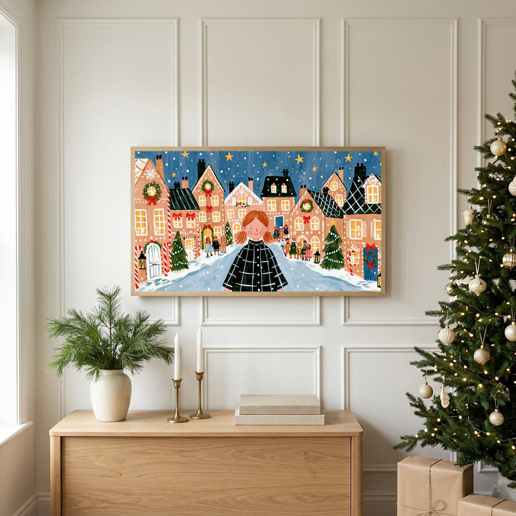 Christmas TV art above an oak sideboard next to a decorated Christmas tree
