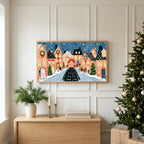 Christmas TV art above an oak sideboard next to a decorated Christmas tree