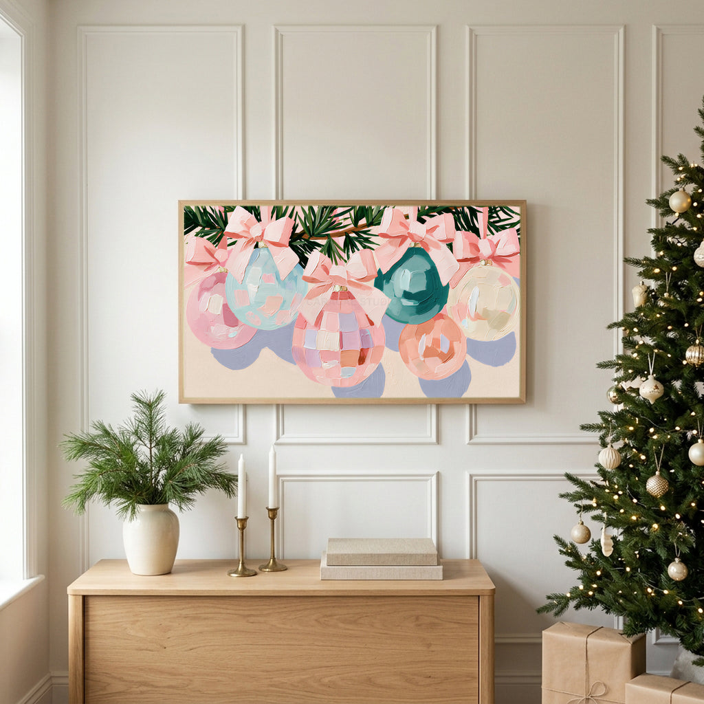 Pastel Christmas ornaments TV art above an oak sideboard next to a decorated Christmas tree