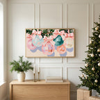 Pastel Christmas ornaments TV art above an oak sideboard next to a decorated Christmas tree