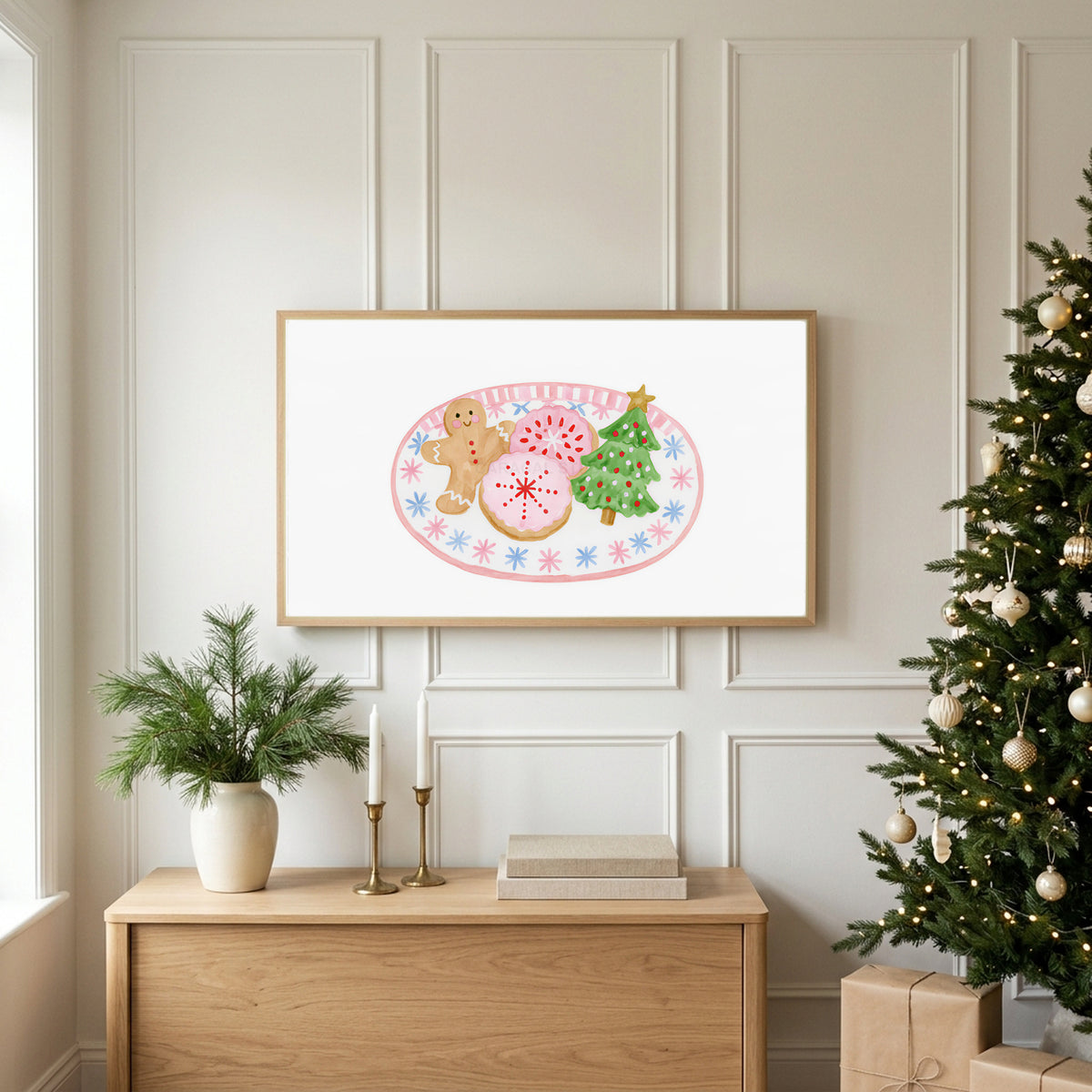 Christmas cookies TV art above an oak sideboard next to a decorated Christmas tree