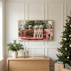 Christmas puppies TV art above an oak sideboard next to a decorated Christmas tree