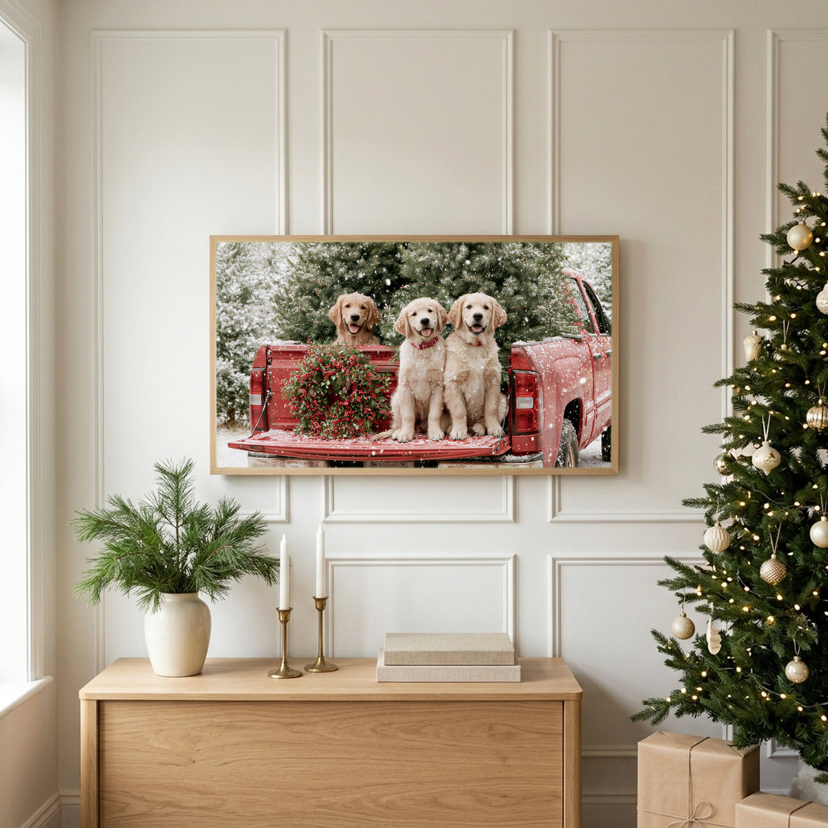 Christmas puppies TV art above an oak sideboard next to a decorated Christmas tree