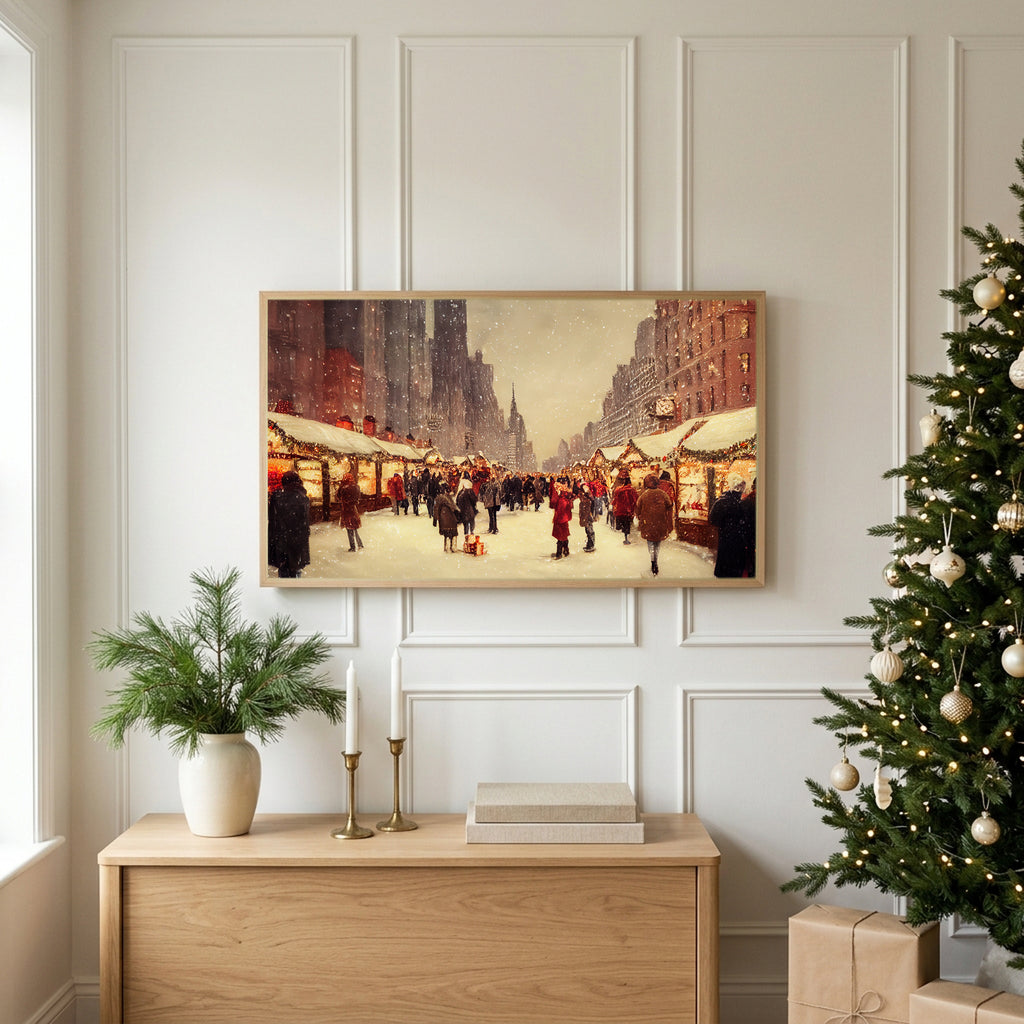 Christmas TV art above an oak sideboard next to a decorated Christmas tree