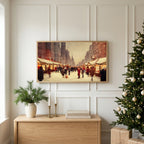 Christmas TV art above an oak sideboard next to a decorated Christmas tree