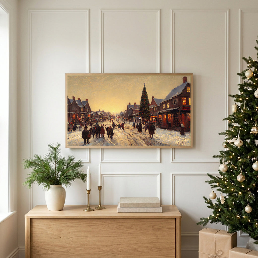 Christmas TV art above an oak sideboard next to a decorated Christmas tree