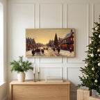 Christmas TV art above an oak sideboard next to a decorated Christmas tree
