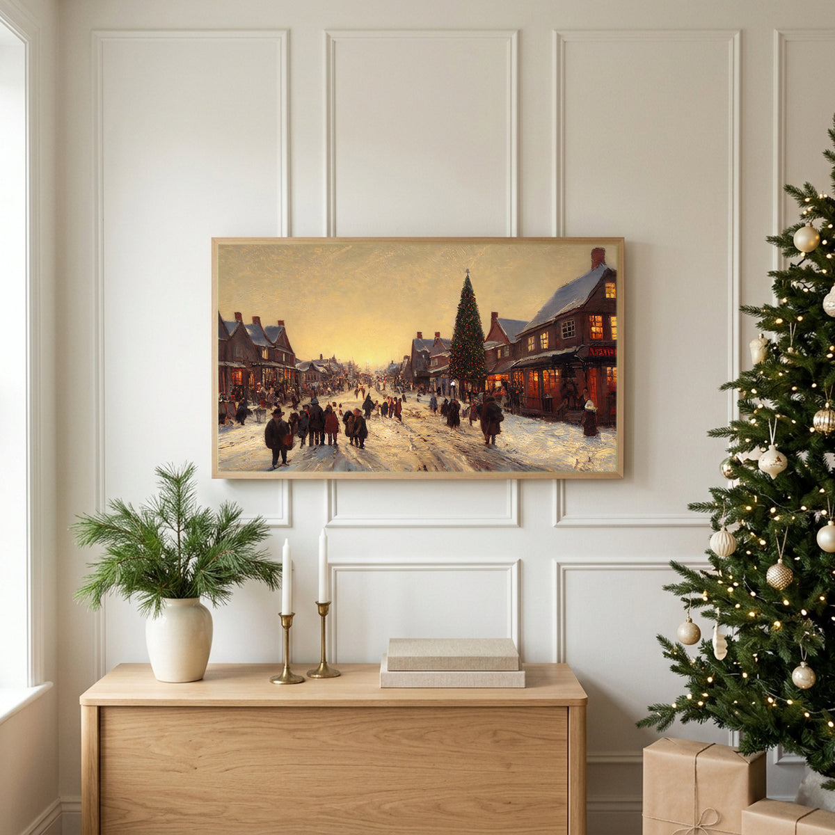 Christmas TV art above an oak sideboard next to a decorated Christmas tree