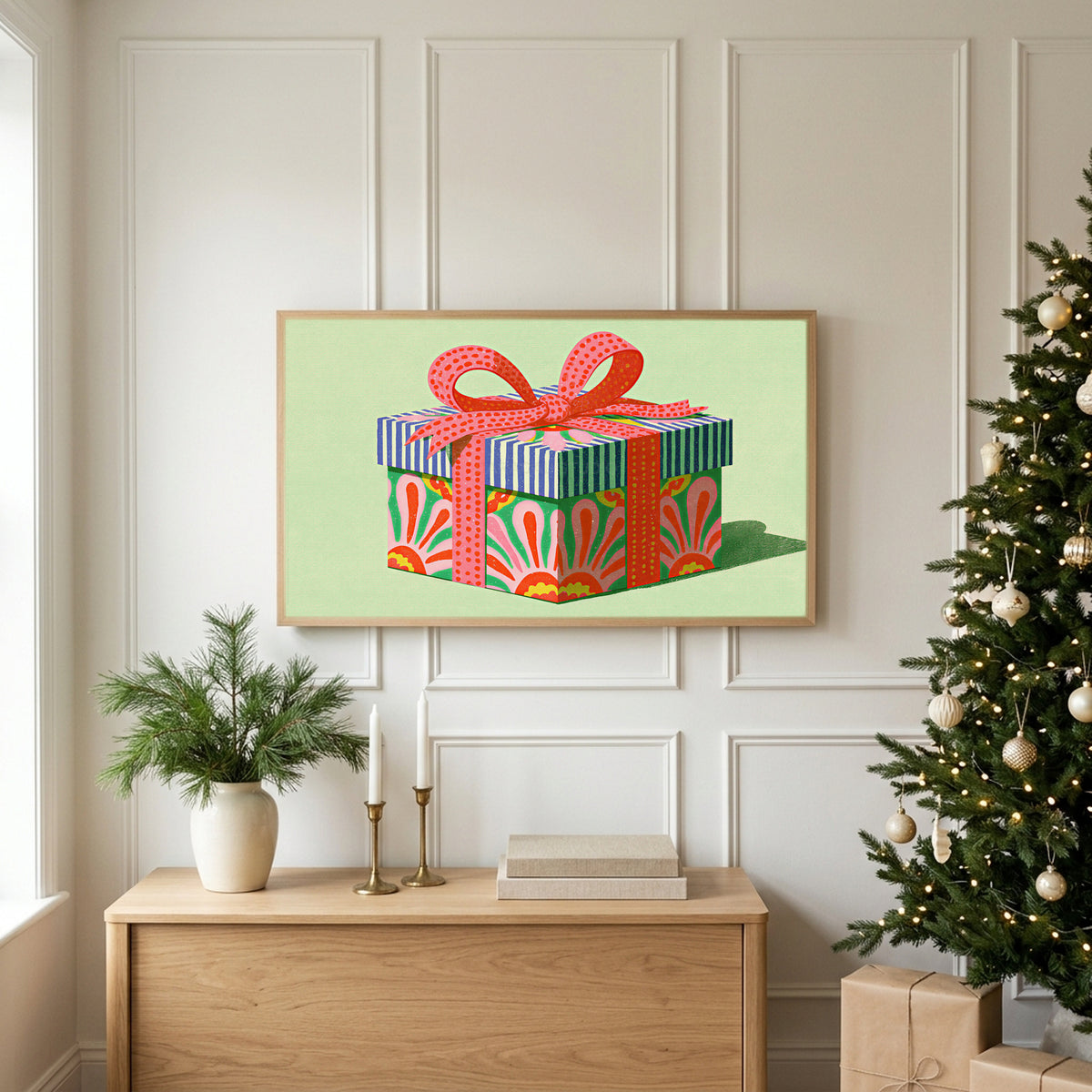 Gift box TV art above an oak sideboard next to a decorated Christmas tree