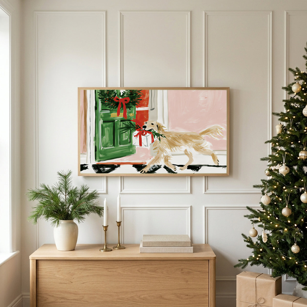 Christmas TV art above an oak sideboard next to a decorated Christmas tree