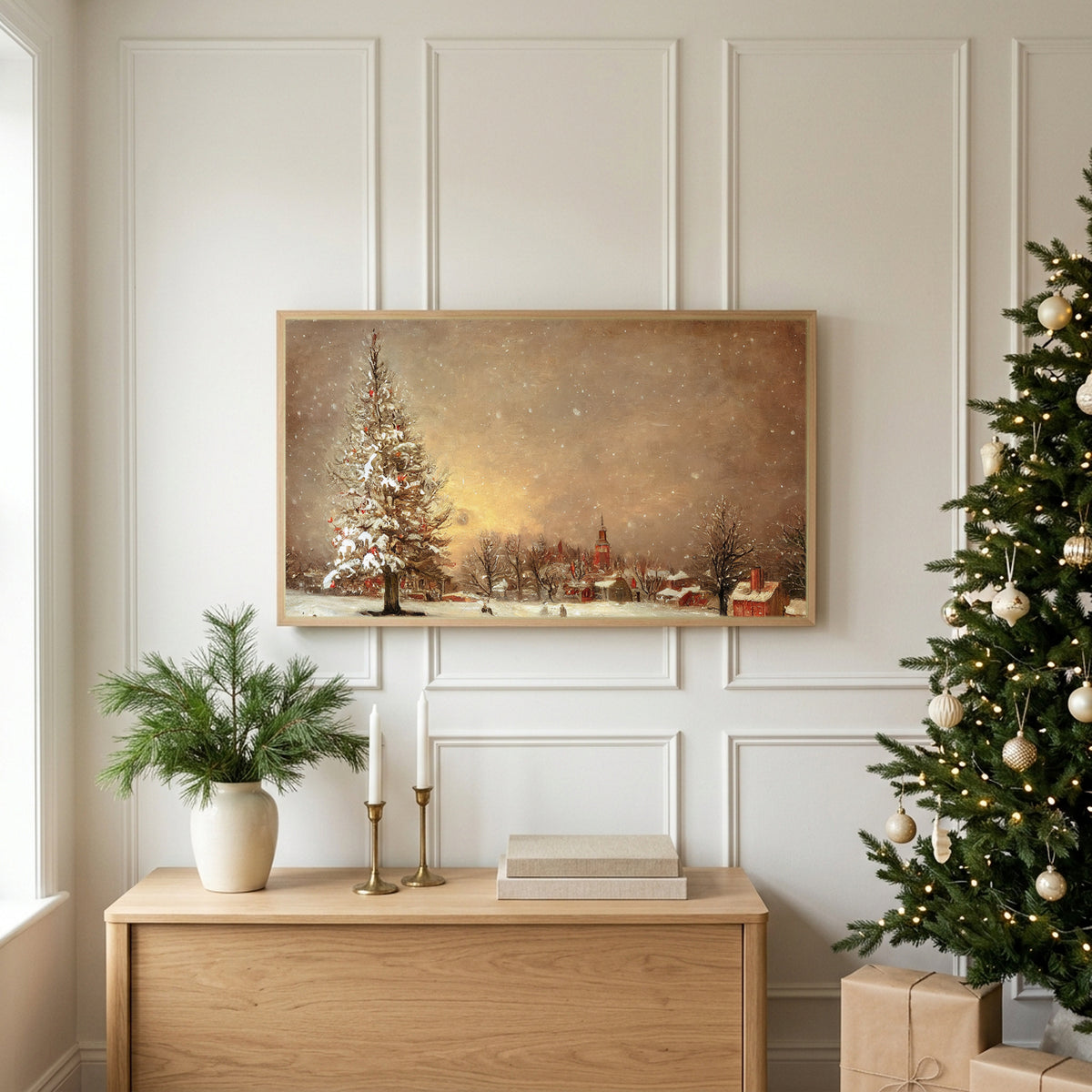 Christmas TV art above an oak sideboard next to a decorated Christmas tree