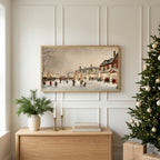 Christmas TV art above an oak sideboard next to a decorated Christmas tree