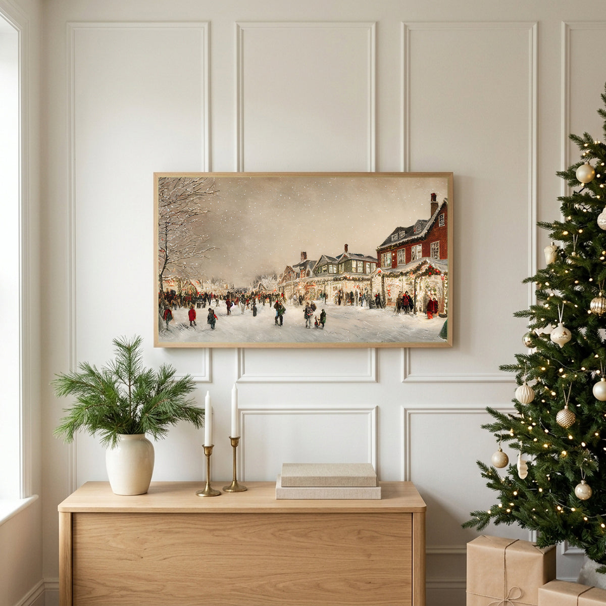 Christmas TV art above an oak sideboard next to a decorated Christmas tree