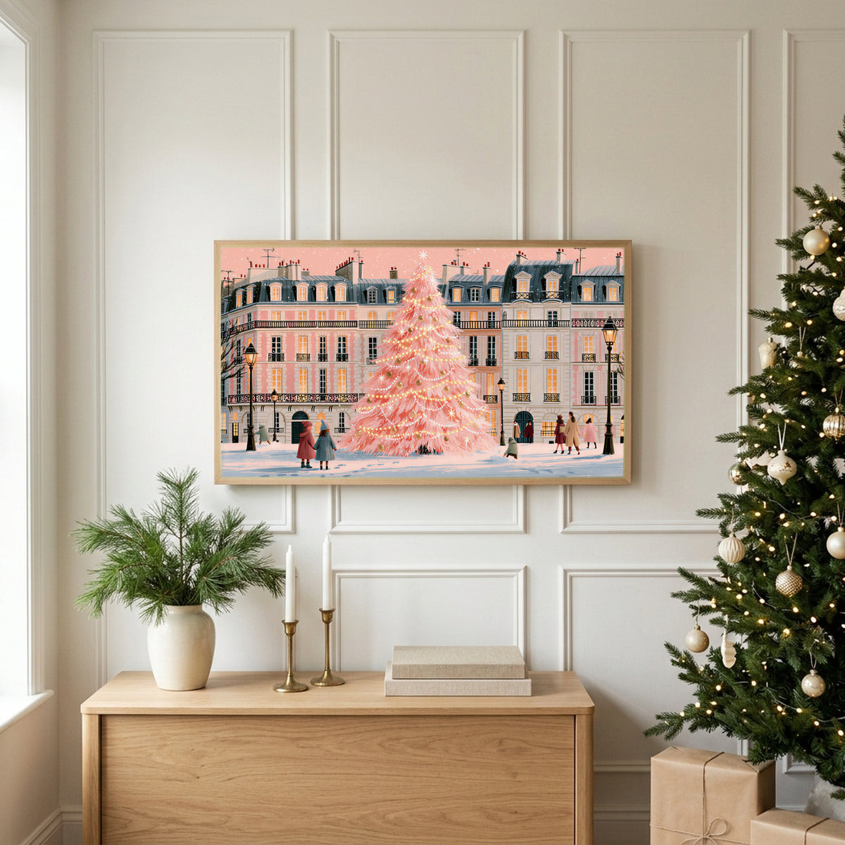 Paris pink Christmas tree TV art above an oak sideboard next to a decorated Christmas tree